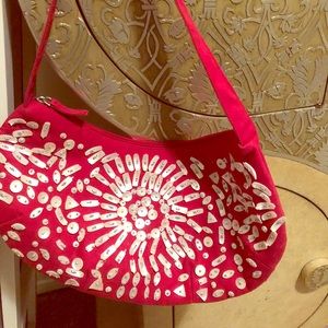 Cute red cloth handbag with mother of pearl shells